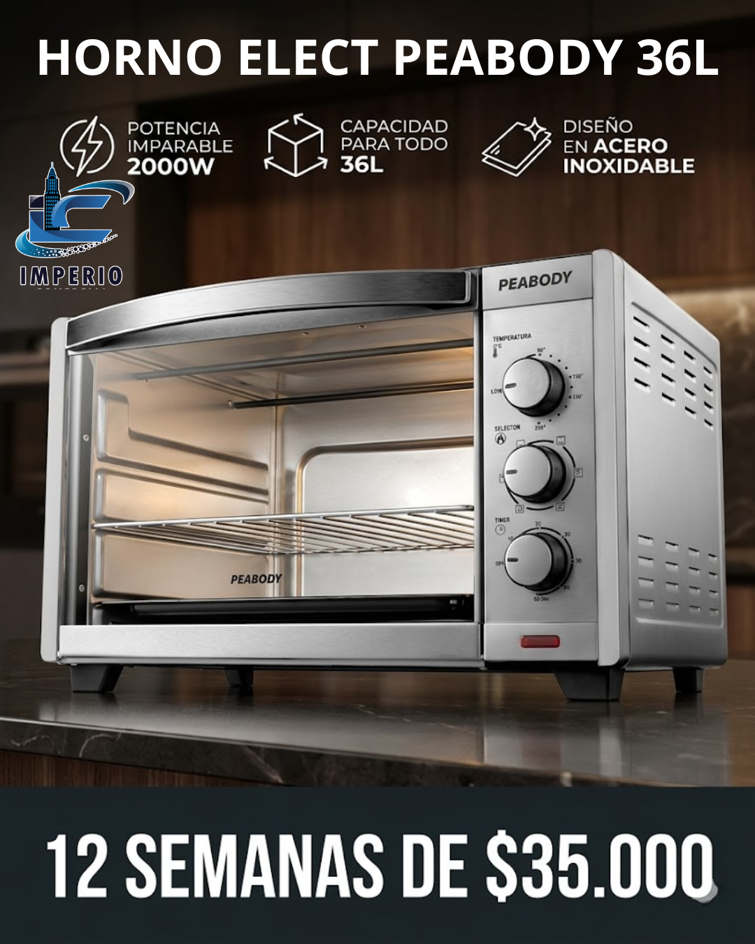 HORNO ELECTRICO PEABODY PE-HE40S 36L