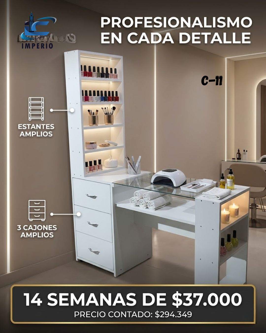 Mesa 3 cajones con estantes